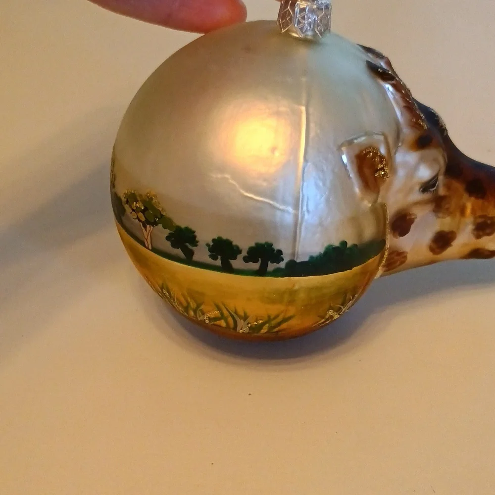 Hand Blown Glass Giraffe Head Christmas Ornament Hand Painted in Gold and Brown